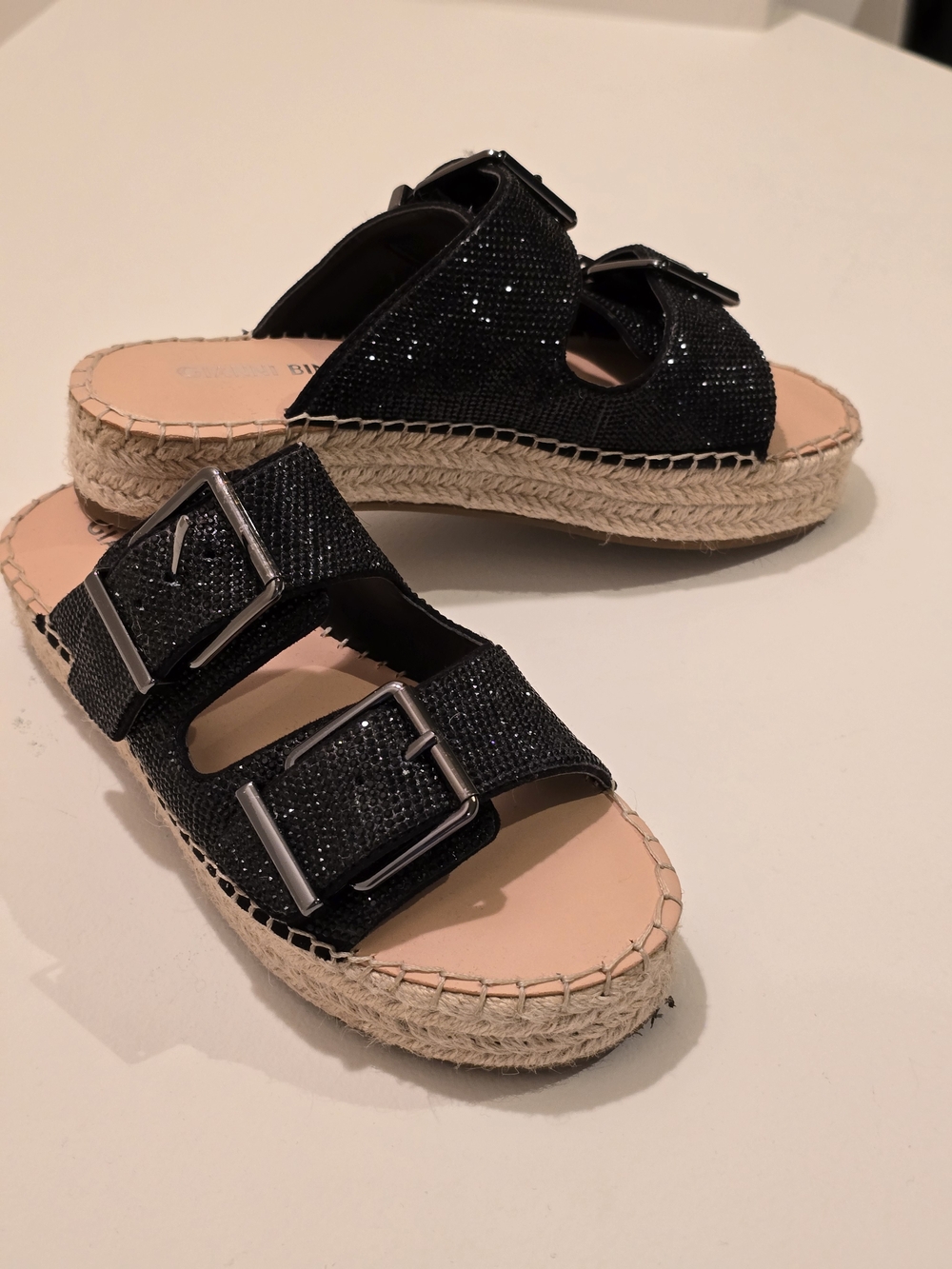 Womens Black Espadrille Slide Sandals with Sparkling Finish And Buckles